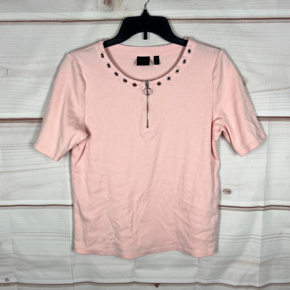 Rafaella Top Women Large Pink Cotton T-Shirt 1/4 Zip Short Sleeve Solid Pullover